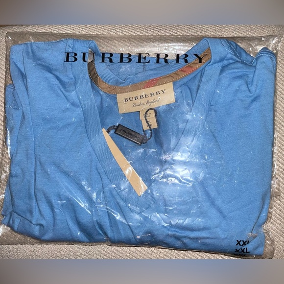 🎉HP🎉New! Burberry Mens V Neck Embroidered Shirt Size XXL m Light Azure Blue👕 - Picture 5 of 9